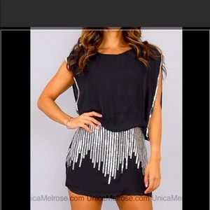 Parker black mini dress with silver bugle beads. Size M. New with tags.